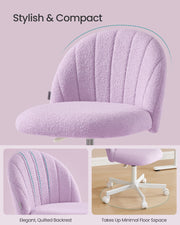 Purple chair with a quilted shell backrest and a compact castor base on a floor mat