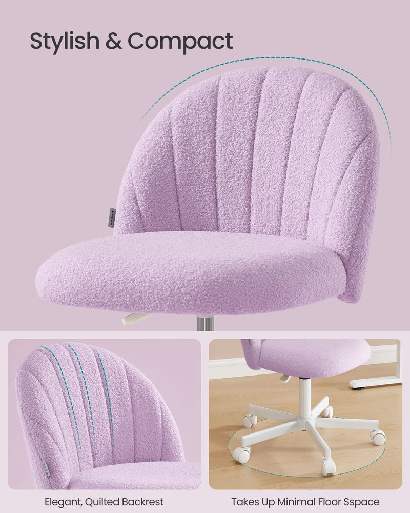 Purple chair with a quilted shell backrest and a compact castor base on a floor mat