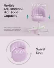 Purple chair graphic showing 10 cm cushion height, 110 kg load rating and 360 degree swivel