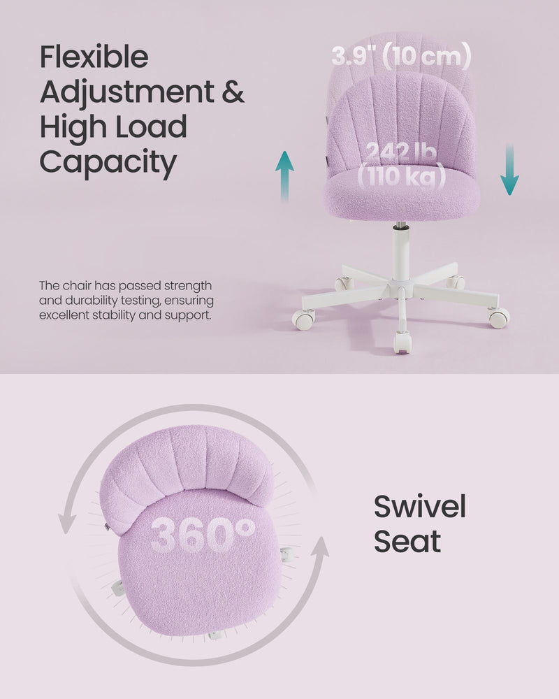 Purple chair graphic showing 10 cm cushion height, 110 kg load rating and 360 degree swivel
