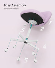 Five-step assembly diagram for the purple swivel office chair
