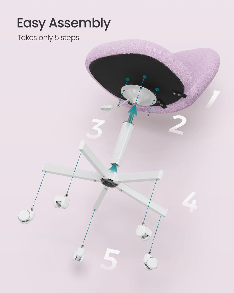 Five-step assembly diagram for the purple swivel office chair