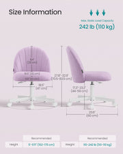 Purple chair size diagram showing 44 to 59 cm seat height and a 60 cm base