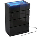 Black high gloss 4-drawer chest of drawers with glass top and blue RGB LED strip, three-quarter view