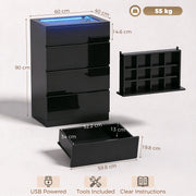 Dimensions diagram of the black chest of drawers showing 60 cm width, 40 cm depth, 90 cm height and drawer sizes