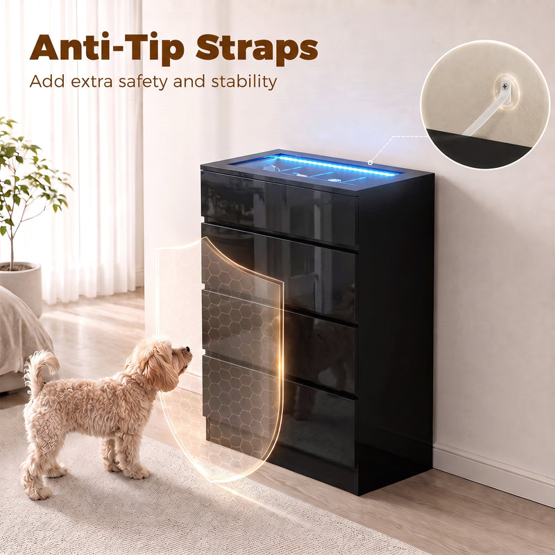 Anti-tip strap graphic with a dog beside the black chest of drawers and a wall fixing close-up