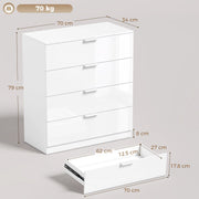 Dimensions diagram for the HOMCOM white high gloss chest of drawers showing 70 x 34 x 79 cm overall size and drawer interior