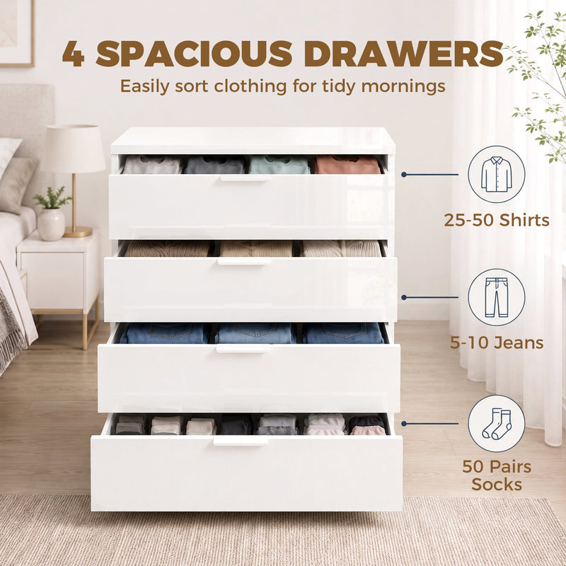 Infographic showing the four drawers holding shirts, jeans and socks