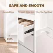 Close-up of the elevated base, smooth-glide drawer rails and non-slip foot pads