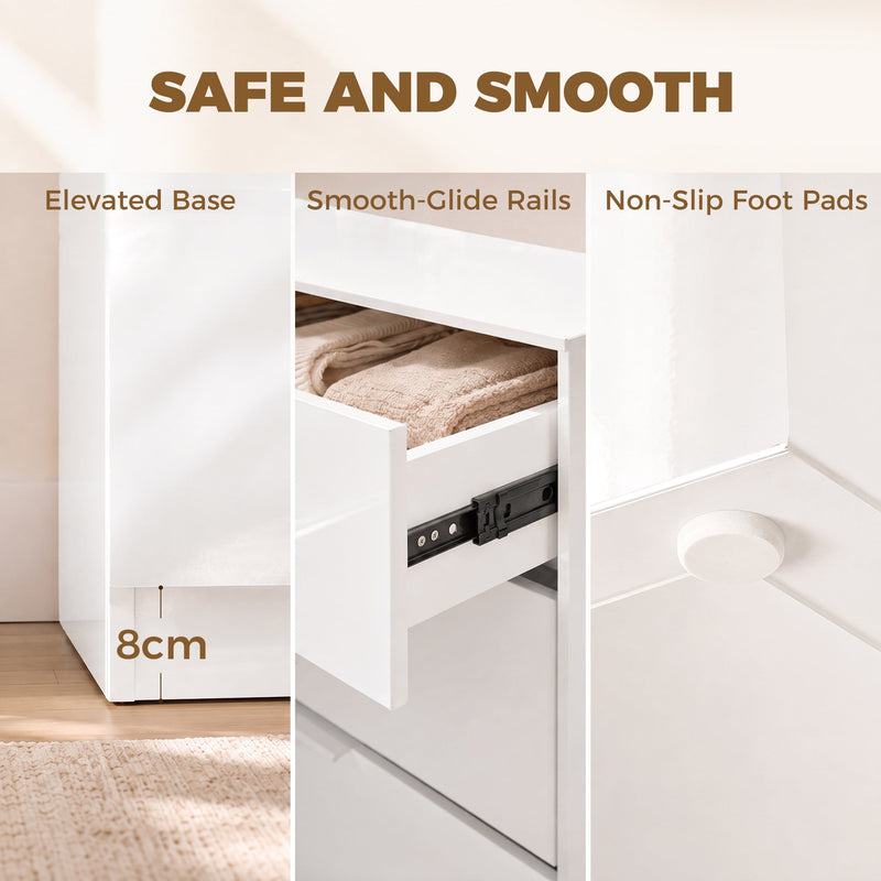 Close-up of the elevated base, smooth-glide drawer rails and non-slip foot pads