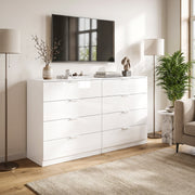Two white high gloss chests of drawers paired together beneath a wall-mounted TV