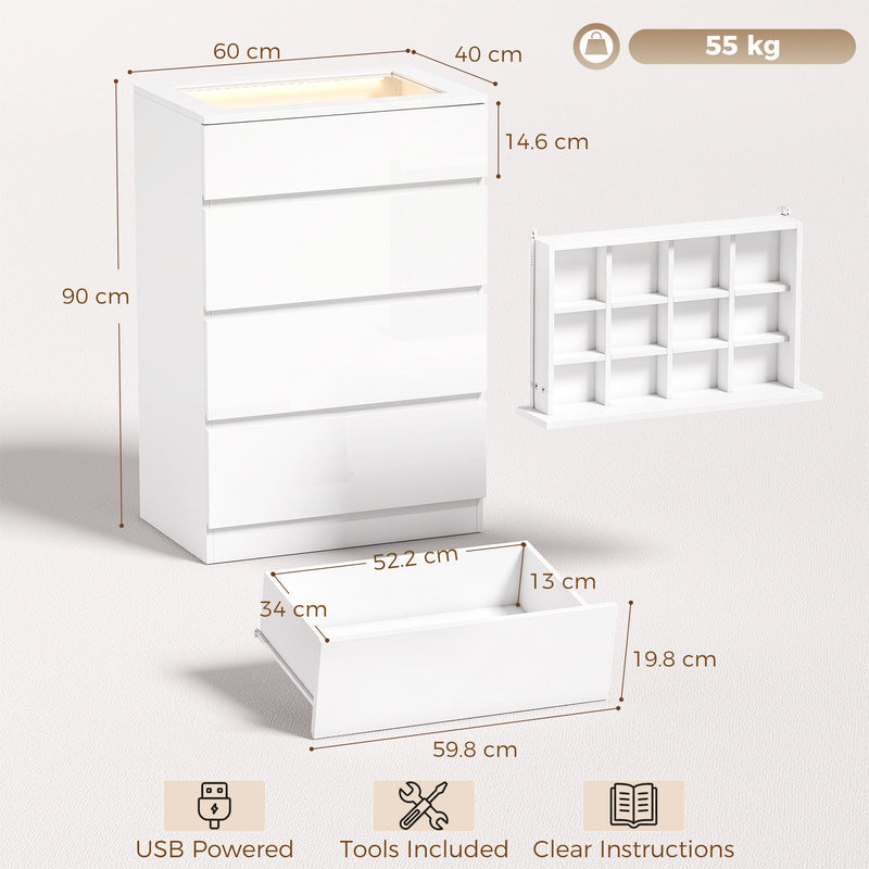 Dimensions diagram showing the 60 x 40 x 90 cm chest of drawers with drawer sizes and 55 kg weight capacity