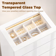 Close-up of the transparent tempered glass top revealing the jewellery organiser tray