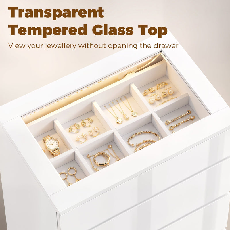 Close-up of the transparent tempered glass top revealing the jewellery organiser tray