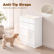 Anti-tip wall strap fitted to the back of the chest of drawers with a dog standing nearby