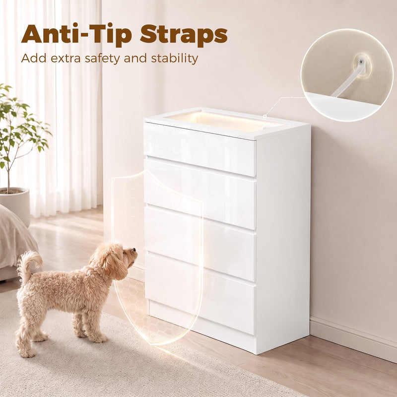 Anti-tip wall strap fitted to the back of the chest of drawers with a dog standing nearby