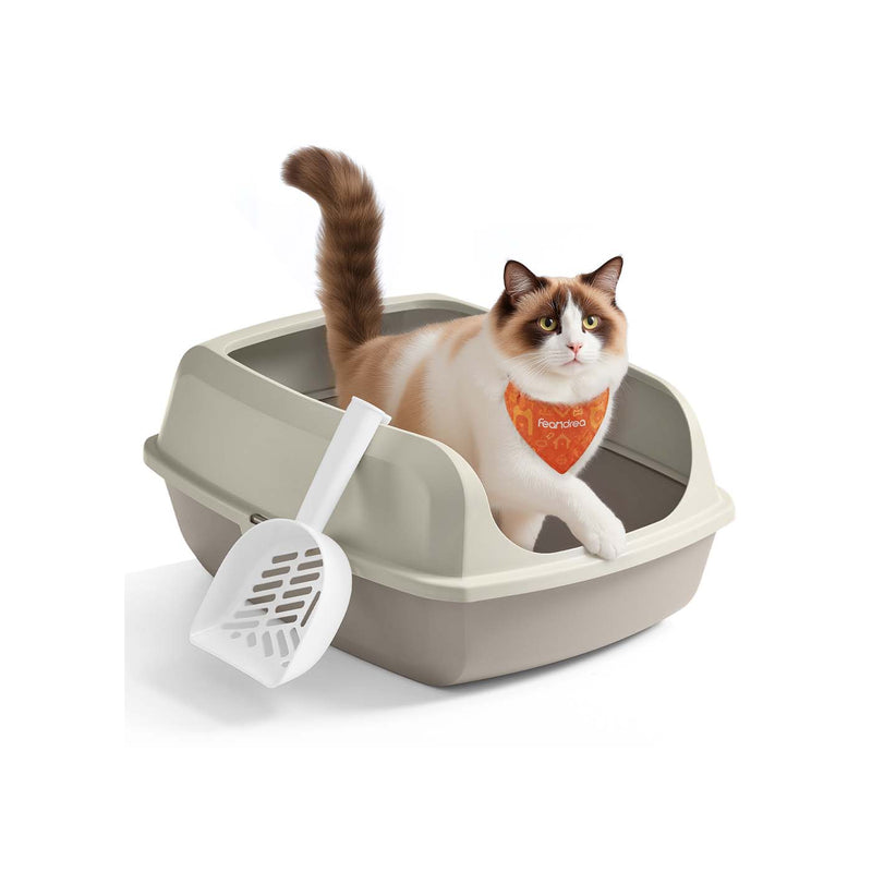 Feandrea cappuccino beige high sided litter box with cat inside
