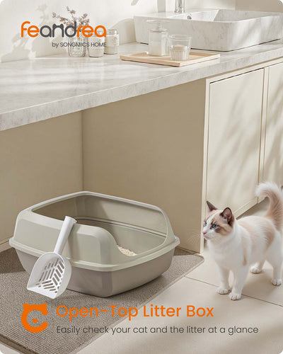 Litter box with scoop styled next to cat
