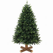 5ft green hinged artificial Christmas tree on a log-style base on white