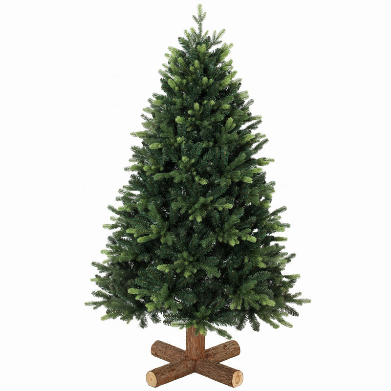 5ft green hinged artificial Christmas tree on a log-style base on white