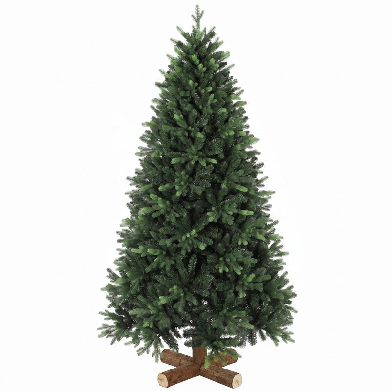 6ft green hinged artificial Christmas tree on a log-style base on white