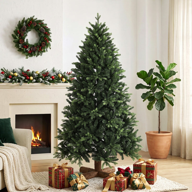 6ft Christmas tree by a fireplace with a wreath, plant and gifts