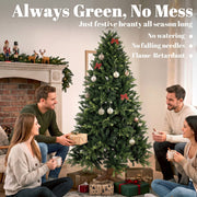 Friends with mugs around the 6ft tree and always green, no mess notes
