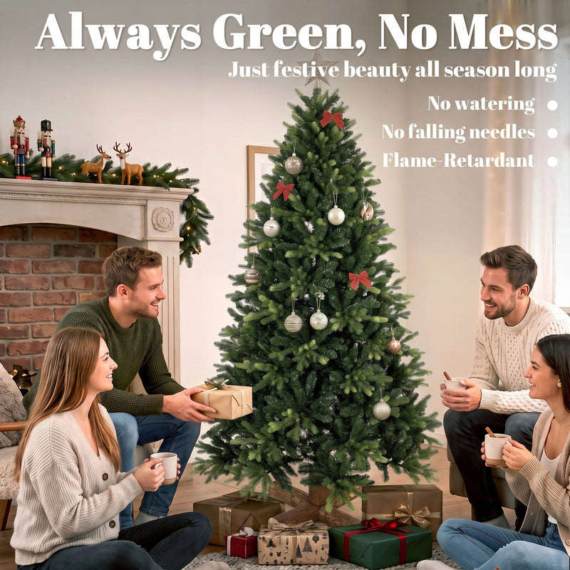 Friends with mugs around the 6ft tree and always green, no mess notes