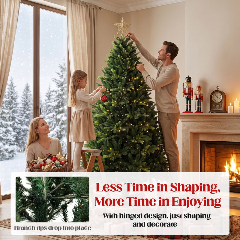 Parent and child decorating the 6ft tree with lights and a hinged tips inset