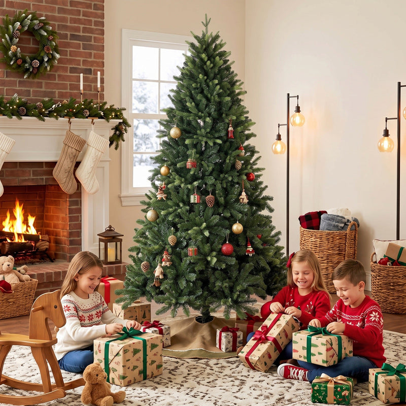 Children opening presents beneath the decorated 6ft tree by a brick fireplace