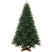 7ft green hinged artificial Christmas tree on a log-style base on white