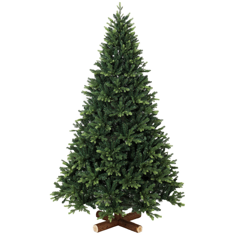 7ft green hinged artificial Christmas tree on a log-style base on white