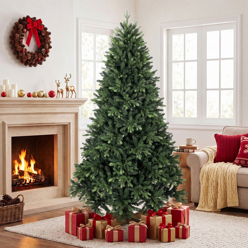 7ft Christmas tree by a fireplace with a wreath, sofa and red gifts