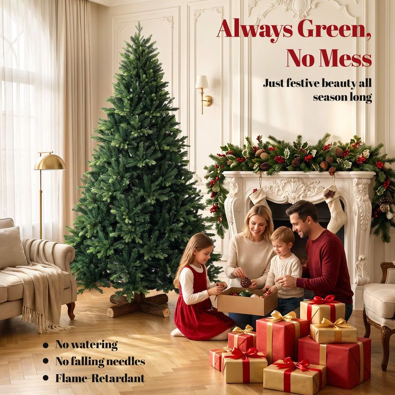 Family decorating the 7ft tree in a panelled room with no-mess notes