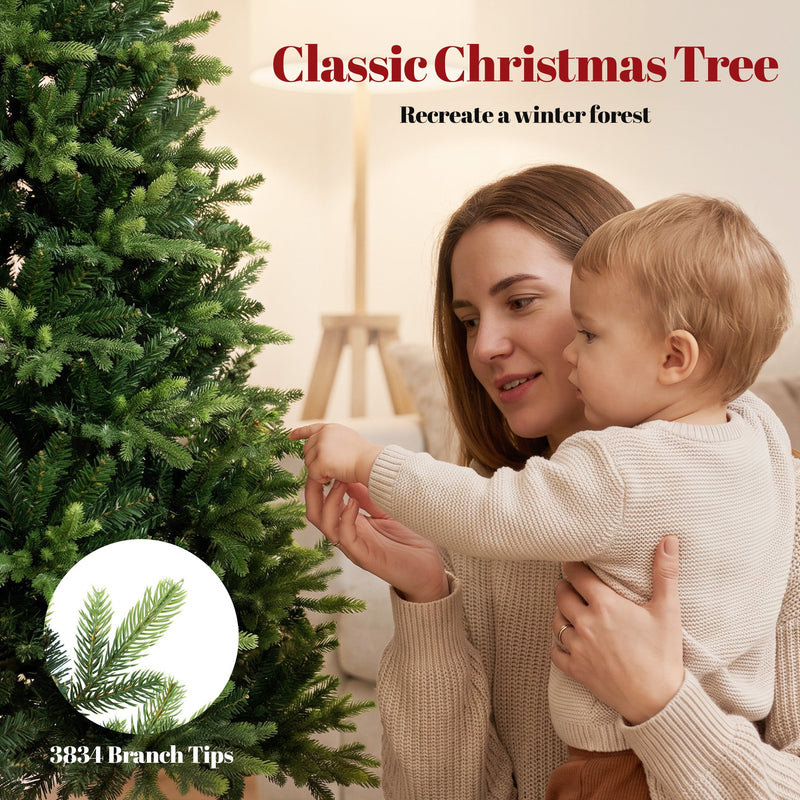 Parent and toddler touching the 7ft tree with a 3834 branch tips callout