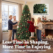 Family trimming the 7ft tree with a branches drop into place inset
