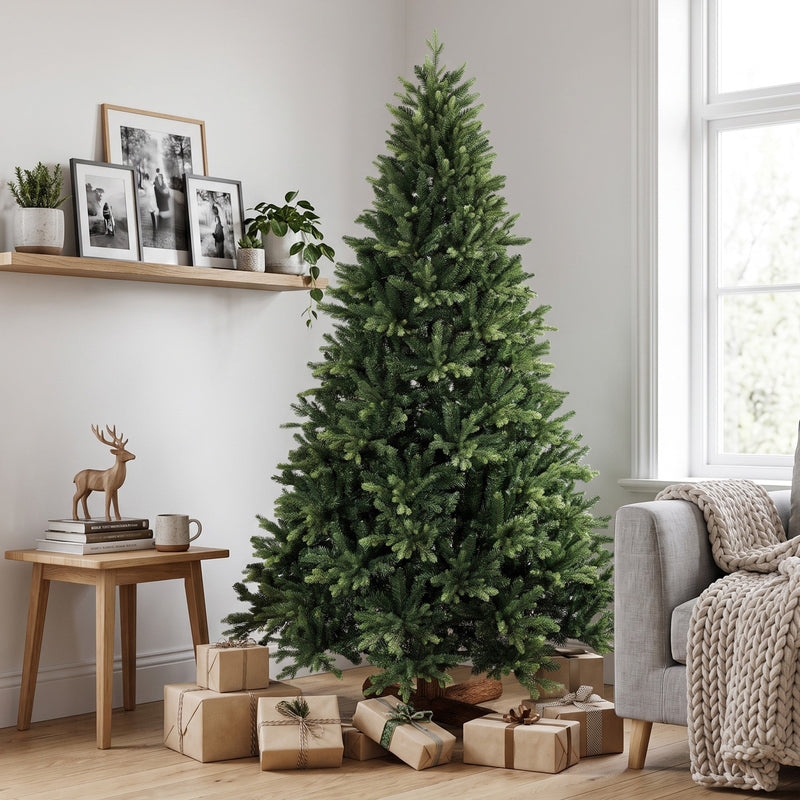 7ft tree beside a grey armchair and side table with brown paper gifts