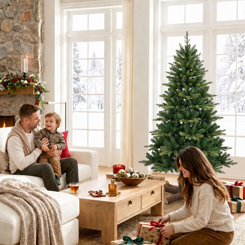 5ft tree in a living room with a family opening gifts by a stone fireplace