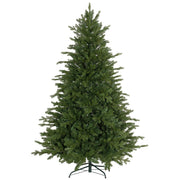 Taller wide artificial Christmas tree with dense branch tips on a folding metal stand, studio shot
