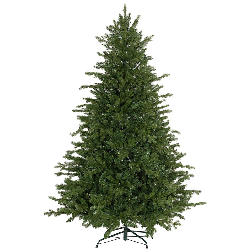 Taller wide artificial Christmas tree with dense branch tips on a folding metal stand, studio shot