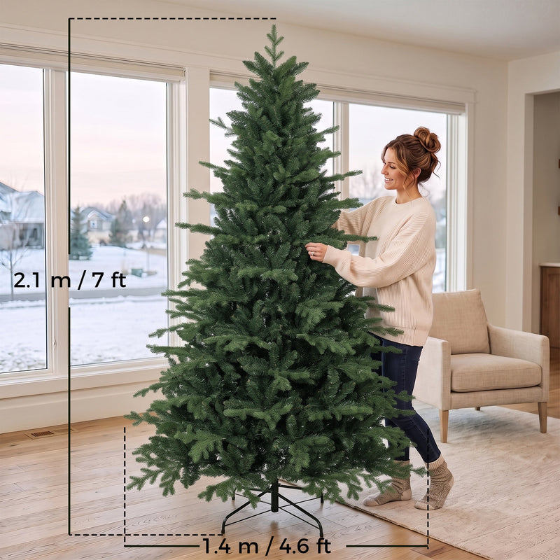 Woman shaping the branches of a 2.1 m high, 1.4 m wide tree in a bright living room