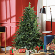 Full artificial Christmas tree in a living room with gifts, a side table and a lamp