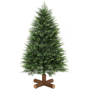 Green 5ft hinged artificial Christmas tree on a fir wood cross base against a white background