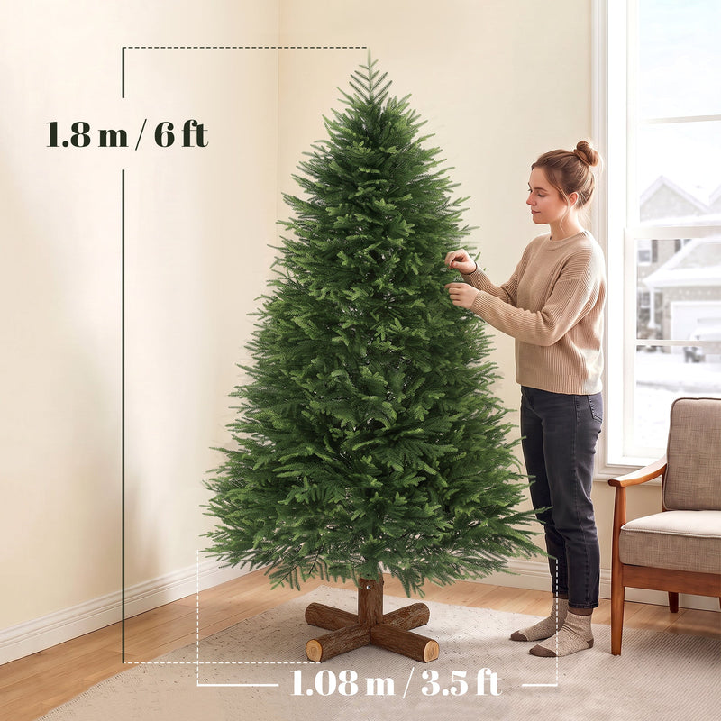 6ft Christmas tree next to a woman with size labels showing 1.8 m height and 1.08 m width