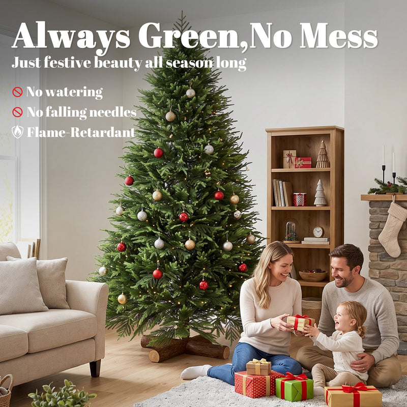 Decorated 6ft tree with a family exchanging gifts and text listing no watering, no falling needles and flame-retardant