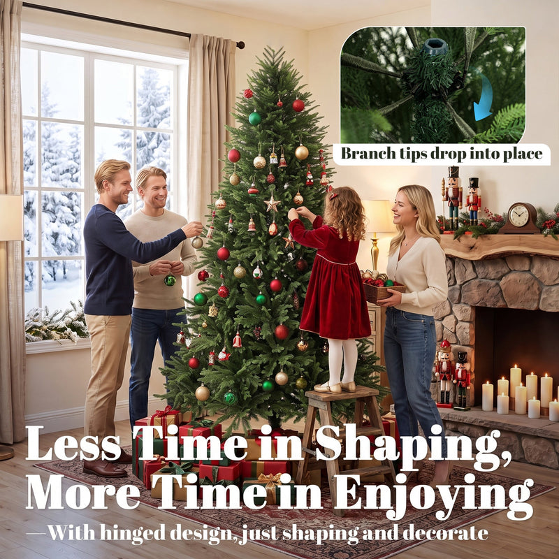Family decorating the 6ft tree by a window with an inset showing branch tips dropping into place