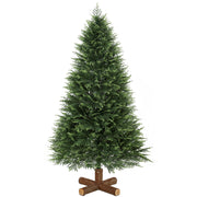 Green 7ft hinged artificial Christmas tree on a fir wood cross base against a white background