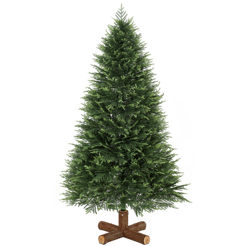 Green 7ft hinged artificial Christmas tree on a fir wood cross base against a white background