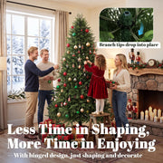 Family decorating the 7ft tree by a window with an inset showing branch tips dropping into place