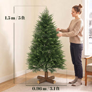 5ft Christmas tree next to a woman with size labels showing 1.5 m height and 0.96 m width